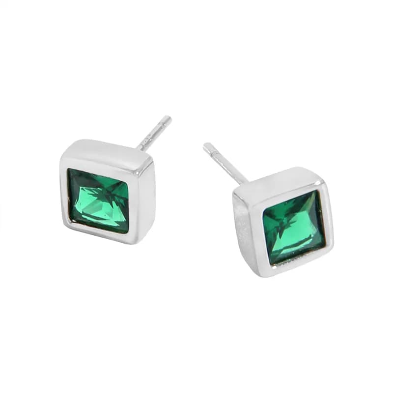 Emerald Square Stud Earrings in Platinum — Sterling silver