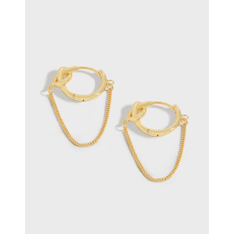 Pair of polished sterling silver knot hoop earrings with attached chain drapes