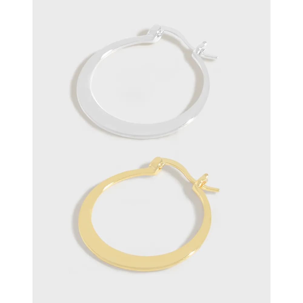 Two polished hoop earrings, silver and gold-tone, with hinged clasps and a smooth flat profile