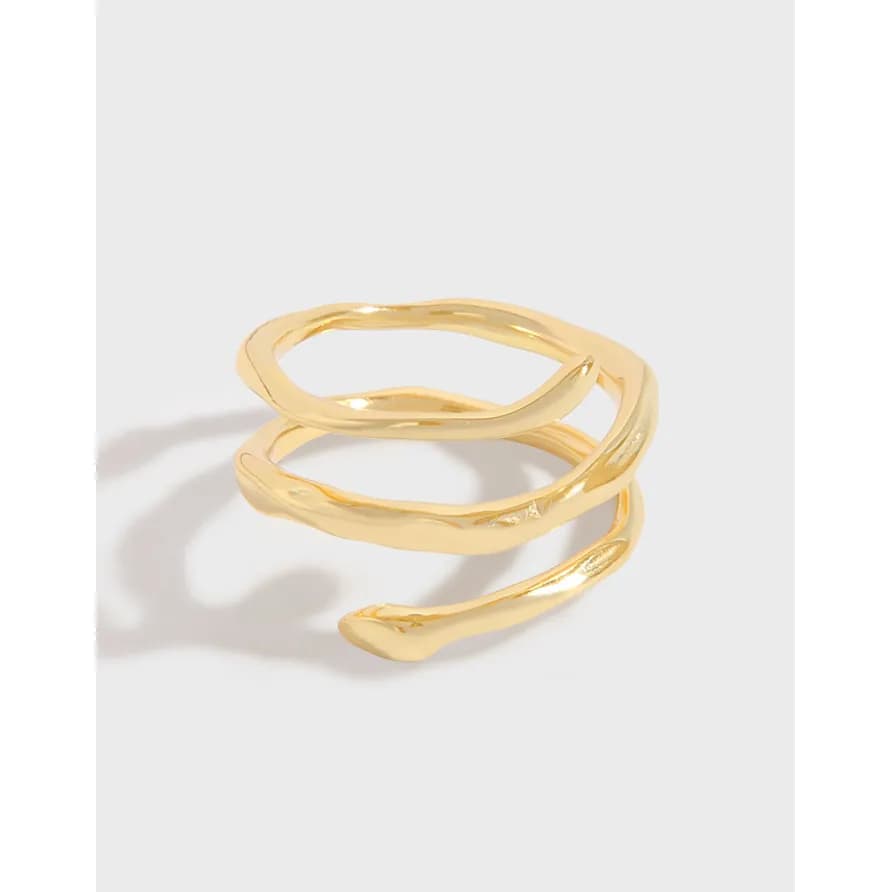 Polished sterling silver triple-wavy ring with three open-ended bands stacked together.