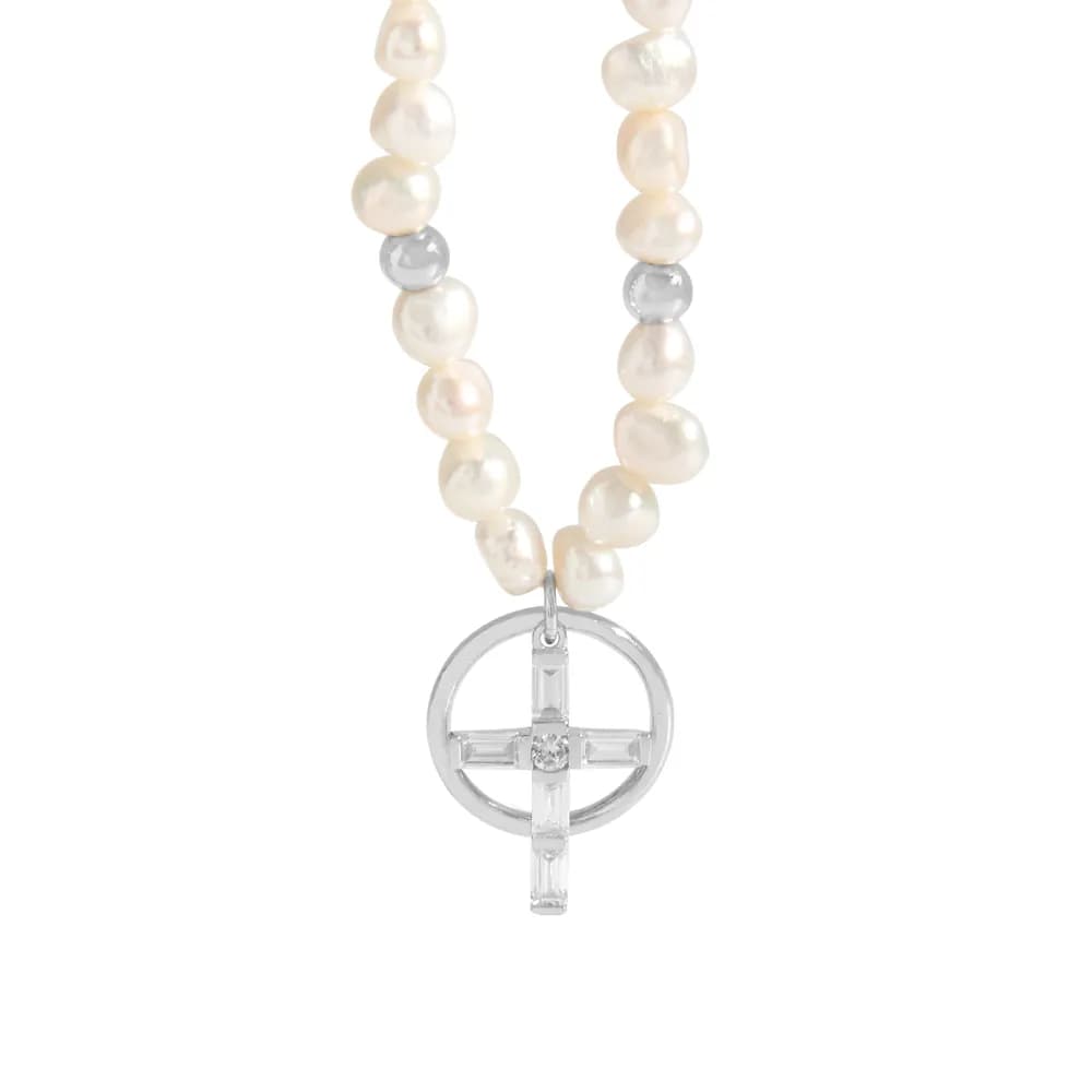 Pearl Beaded Cross Necklace in Silver — Sterling silver