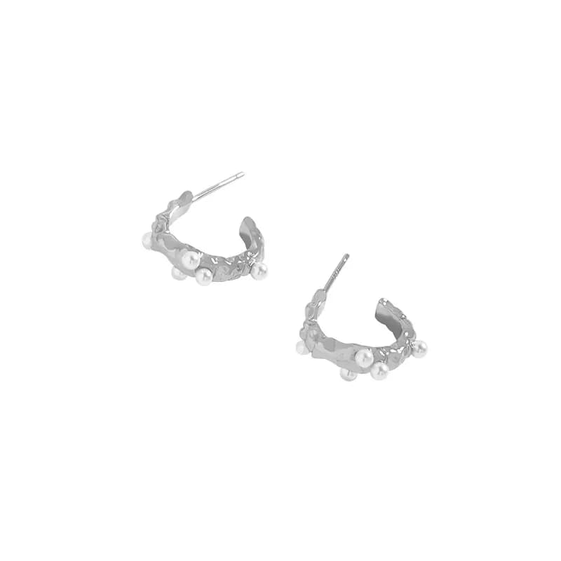 Pearl-Accented Hooped Earrings in Platinum — Sterling silver
