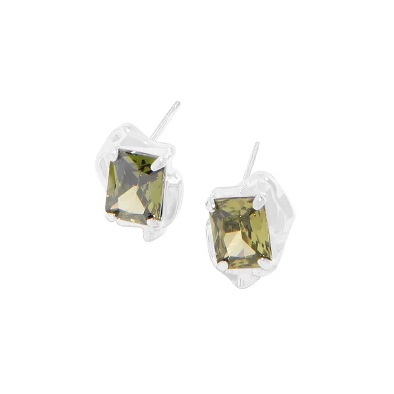 Emerald-Cut Gem Stud Earrings in Green Stone — Sterling silver