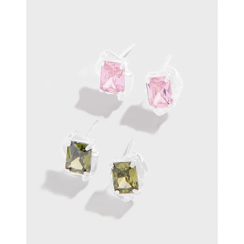 Four square emerald-cut gemstone studs in pink and olive green mounted in polished silver settings