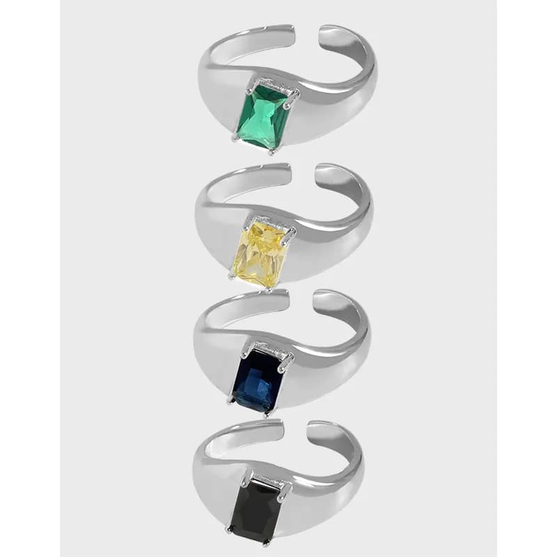 Open-ended sterling silver ring with a square-cut colored gemstone in four color options