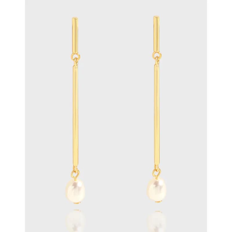 Polished sterling silver long bar earrings with pearl drops hanging from a delicate connection.