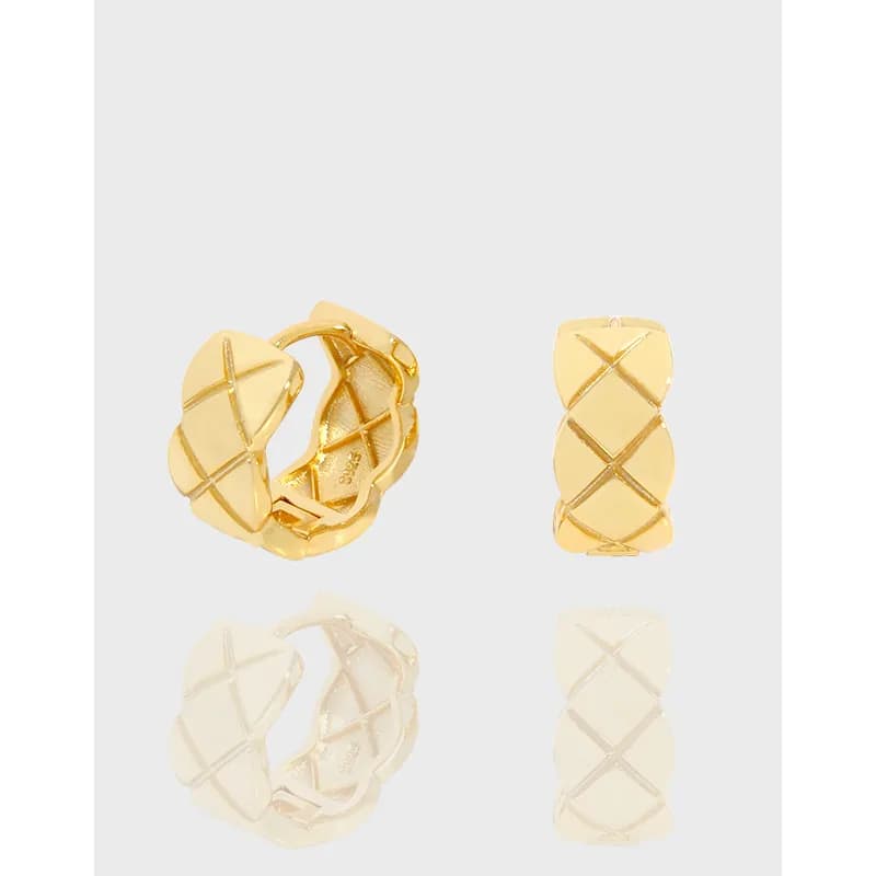 Polished sterling silver lattice earrings in hoop and vertical bar shapes with crisscross detailing.