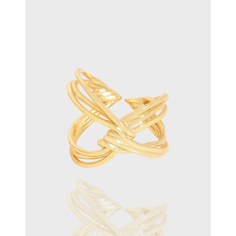 Polished sterling silver ring with multiple interwoven bands forming a lattice