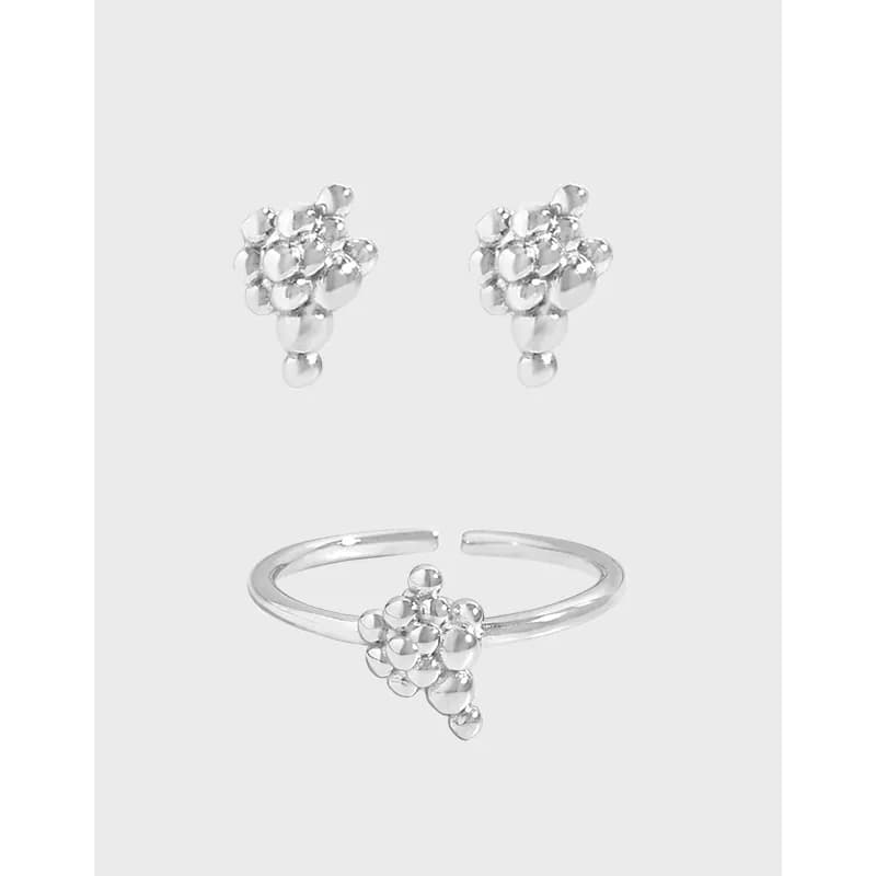 Polished sterling silver bubble cluster earrings with a matching open cuff ring