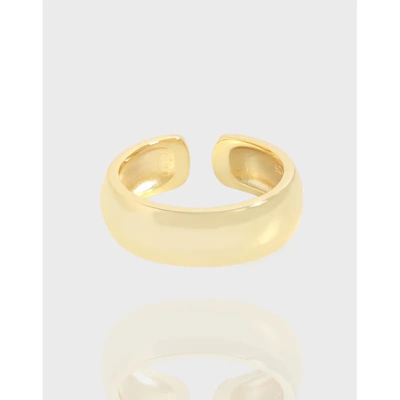 Polished sterling silver curved open band ring with a wide, smooth surface