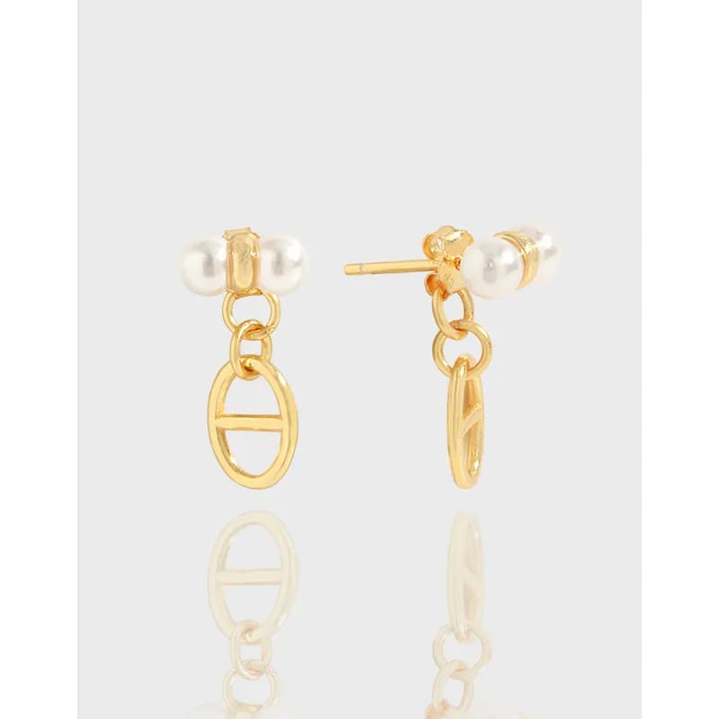 Polished sterling silver earrings with pearl studs and a hanging oval ring pendant.