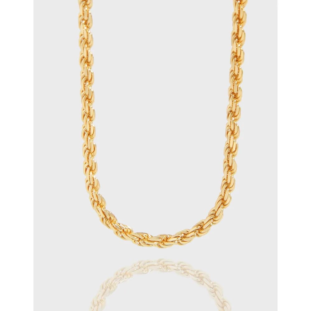 Close-up of a polished rope chain necklace with twisted links.