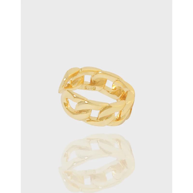 Gold-tone chain-link earrings with a polished, reflective surface set against a light background.