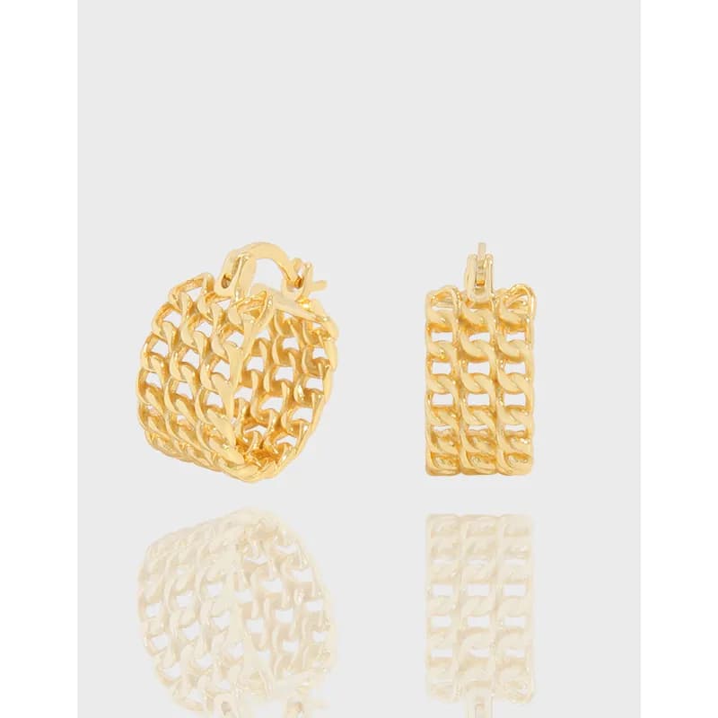 Polished sterling silver woven chain hoop earrings shown on a light background.
