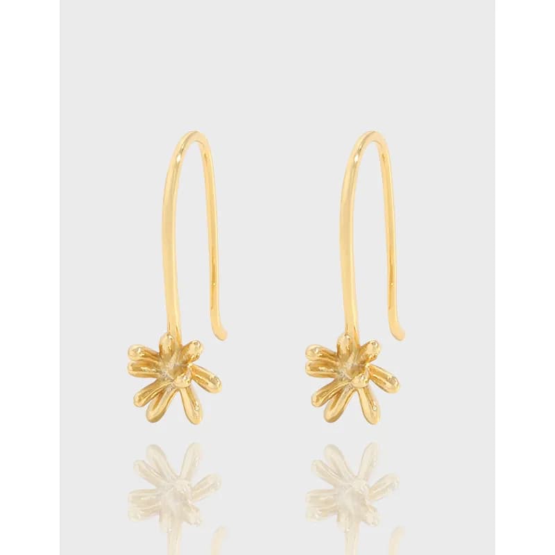 Polished sterling silver flower drop earrings with curved hooks and a small flower charm