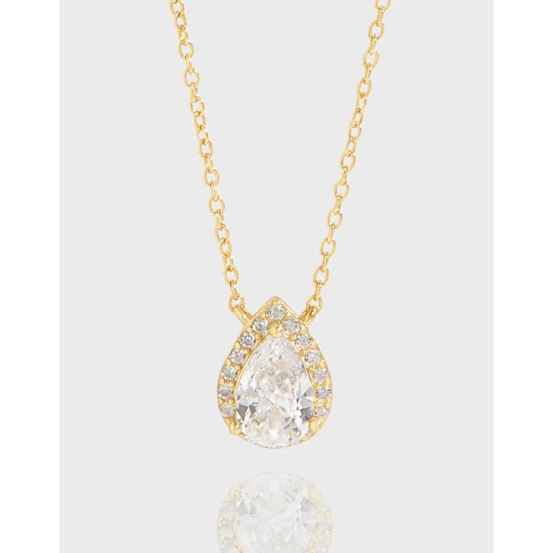 Sterling silver teardrop pendant with pavé halo on a delicate chain