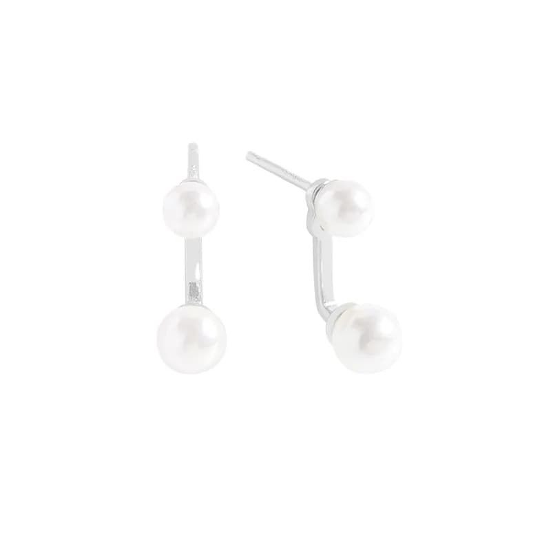 Double Pearl Curve Earrings in Platinum — Sterling silver