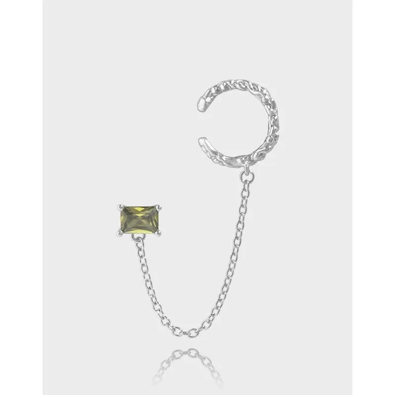 Sterling silver hoop earring with a dangling chain and square green gemstone