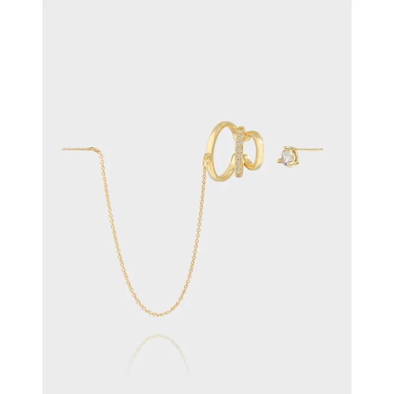 Polished sterling silver Linked Ring Chain Earrings featuring two hoops connected by a delicate chain and a small stud