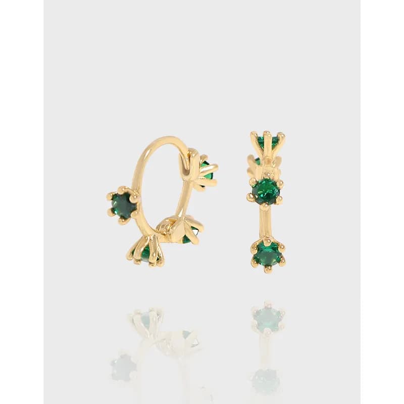 Polished sterling silver hoop and drop earrings with green stones and floral detailing.