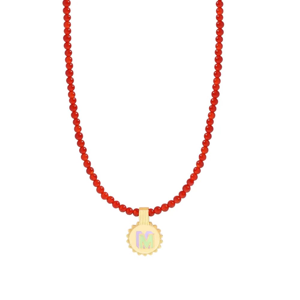 Red Beaded Pendant Necklace in Gold — Sterling silver