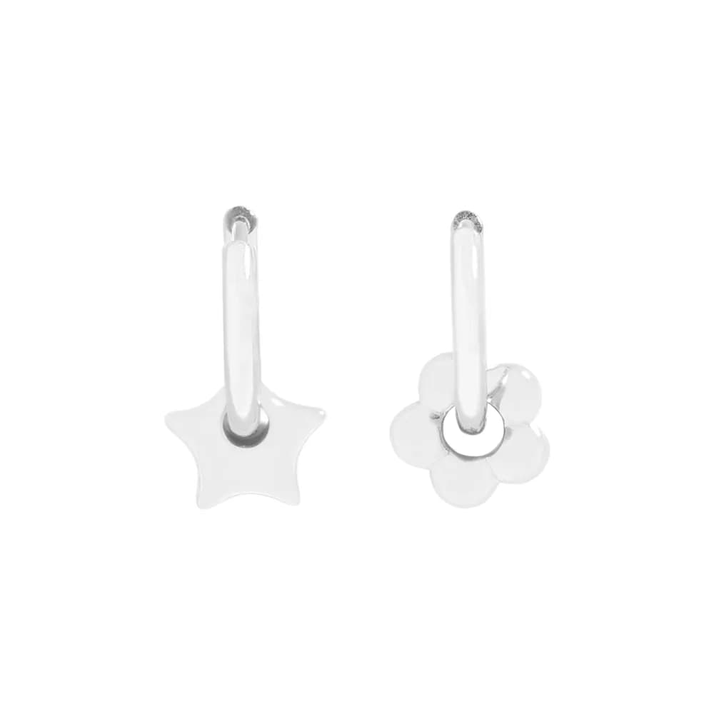 Star and Flower Earrings in Platinum — Sterling silver