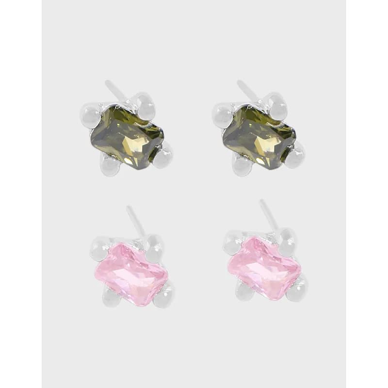 Pair of square-cut facet stud earrings in olive-green and pink, set in polished sterling silver with round bead accents.