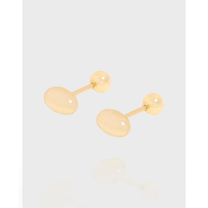 Polished sterling silver oval bead drop earrings with a short bar connecting to a round stud