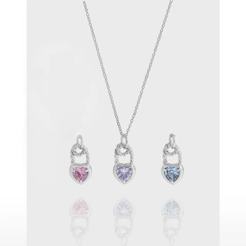 Polished sterling silver necklace with three heart-shaped lock charms in pink, purple, and blue.