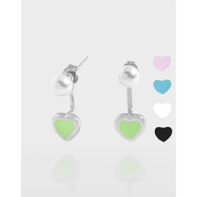 Silver drop earrings with pearl studs and lime-green heart enamel charms