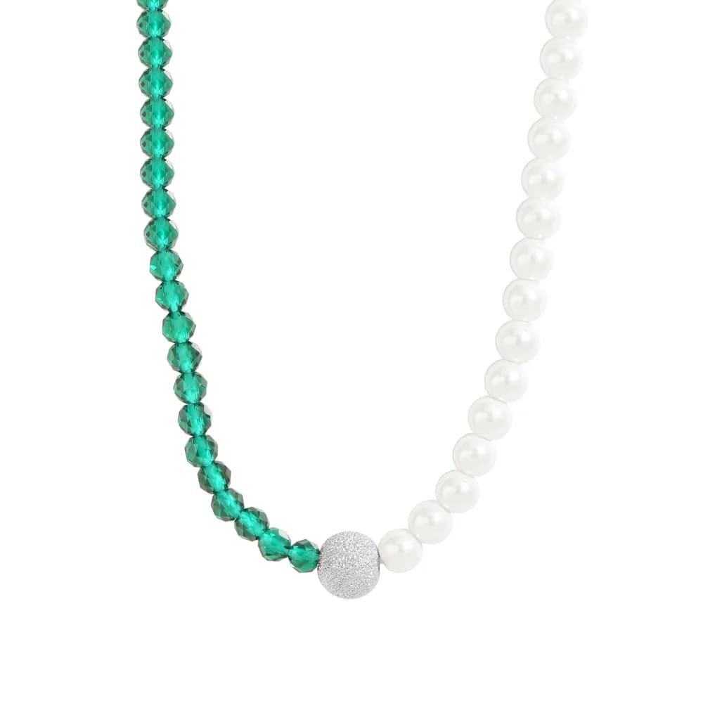 Emerald Bead Pearl Necklace in Platinum — Sterling silver