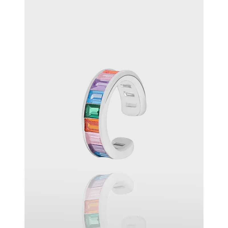 Polished sterling silver rainbow inlay hoop earrings with a curved, open cuff and rectangular colored inlays