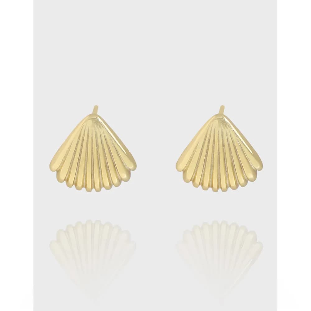 Pair of shell-shaped sterling silver stud earrings with a ridged, fan-like pattern.