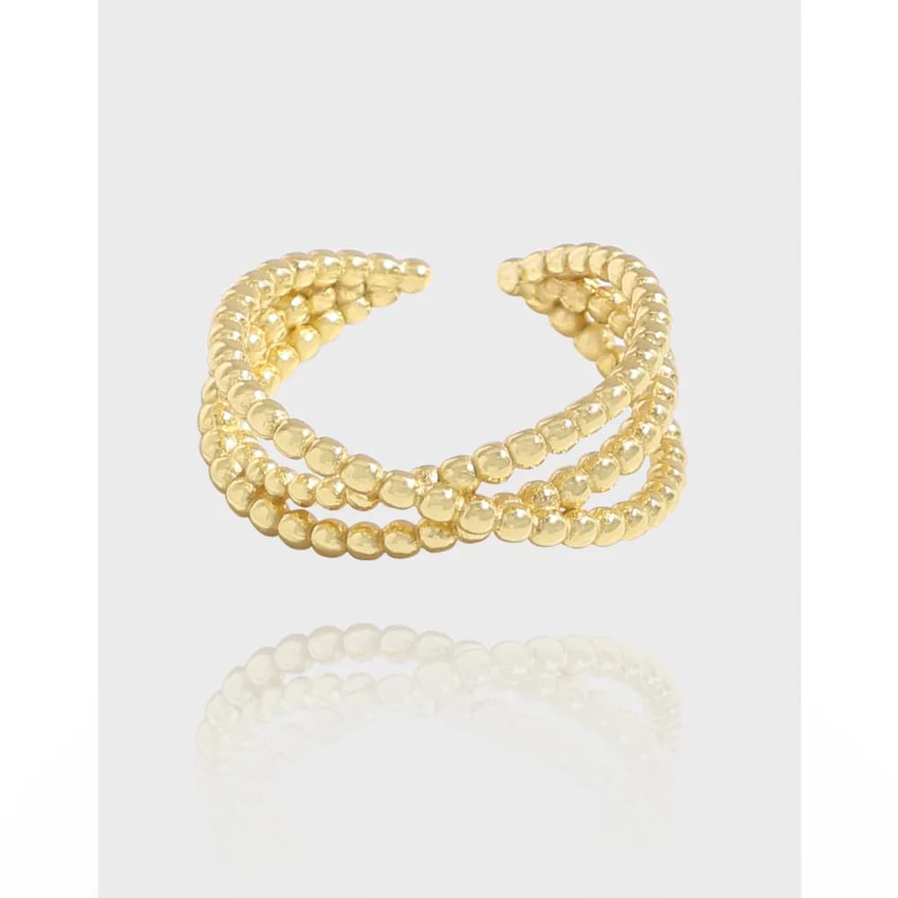 Gold-toned beaded triple-wrap ring with a twisted design