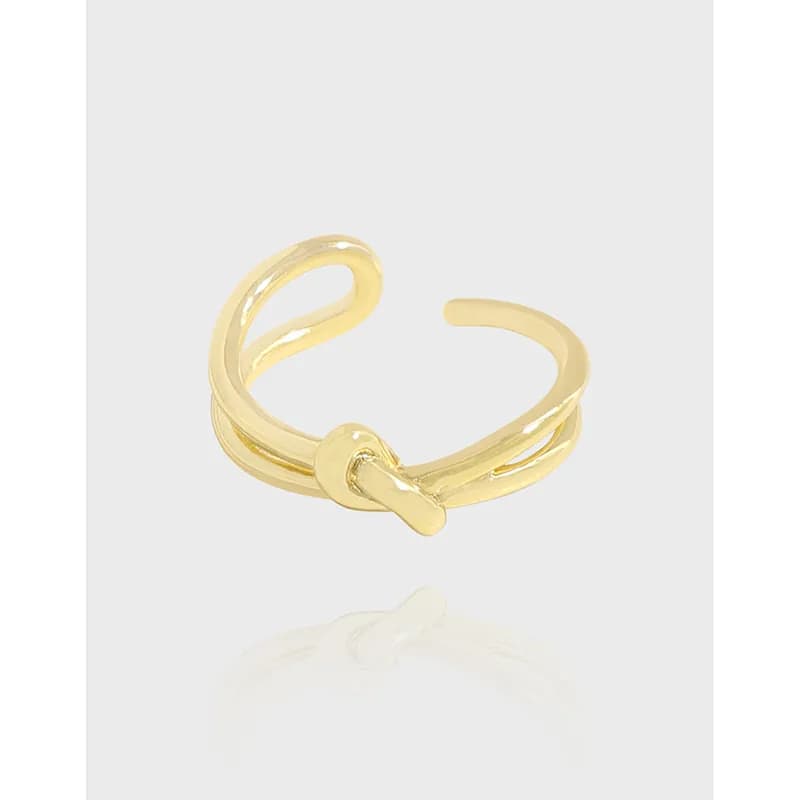 Polished sterling silver open ring with a knot-like detail and double wrap design.