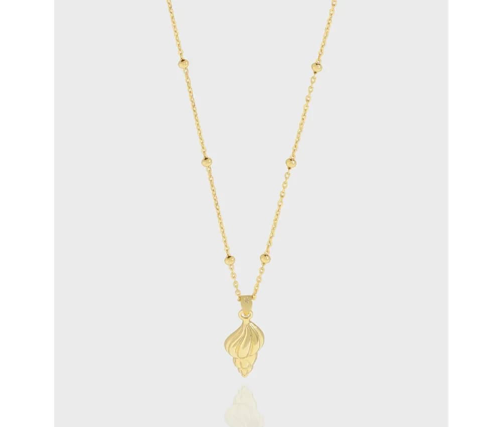 Polished sterling silver shell pendant hanging from a slim chain on a plain background.