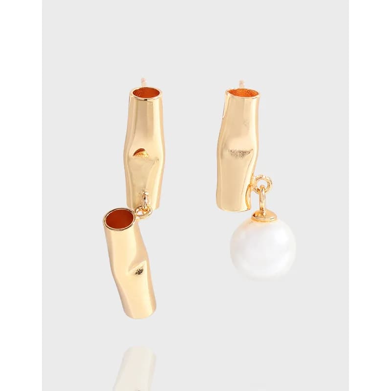 Hollow curved tube earrings in sterling silver with red enamel interior and a dangling pearl