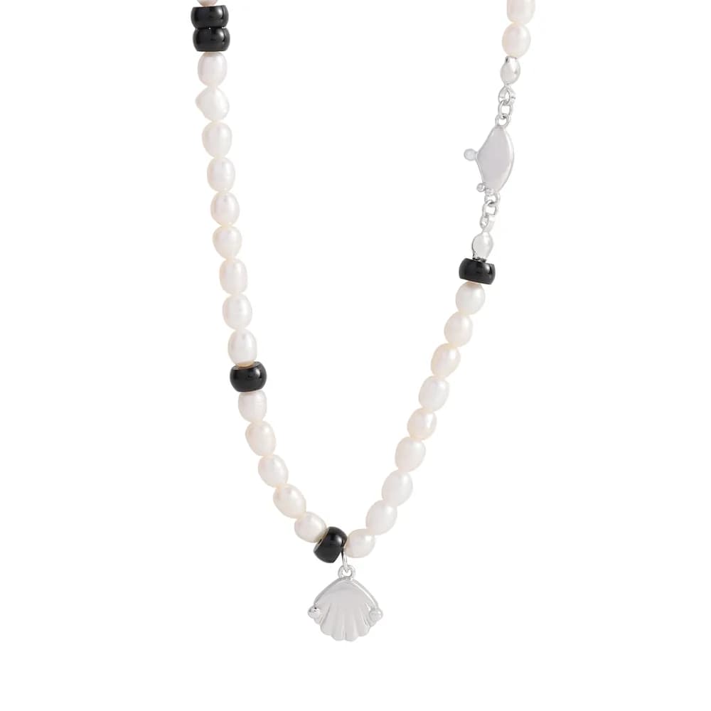 Pearl Bead Necklace with Shell Pendant in Platinum — Sterling silver