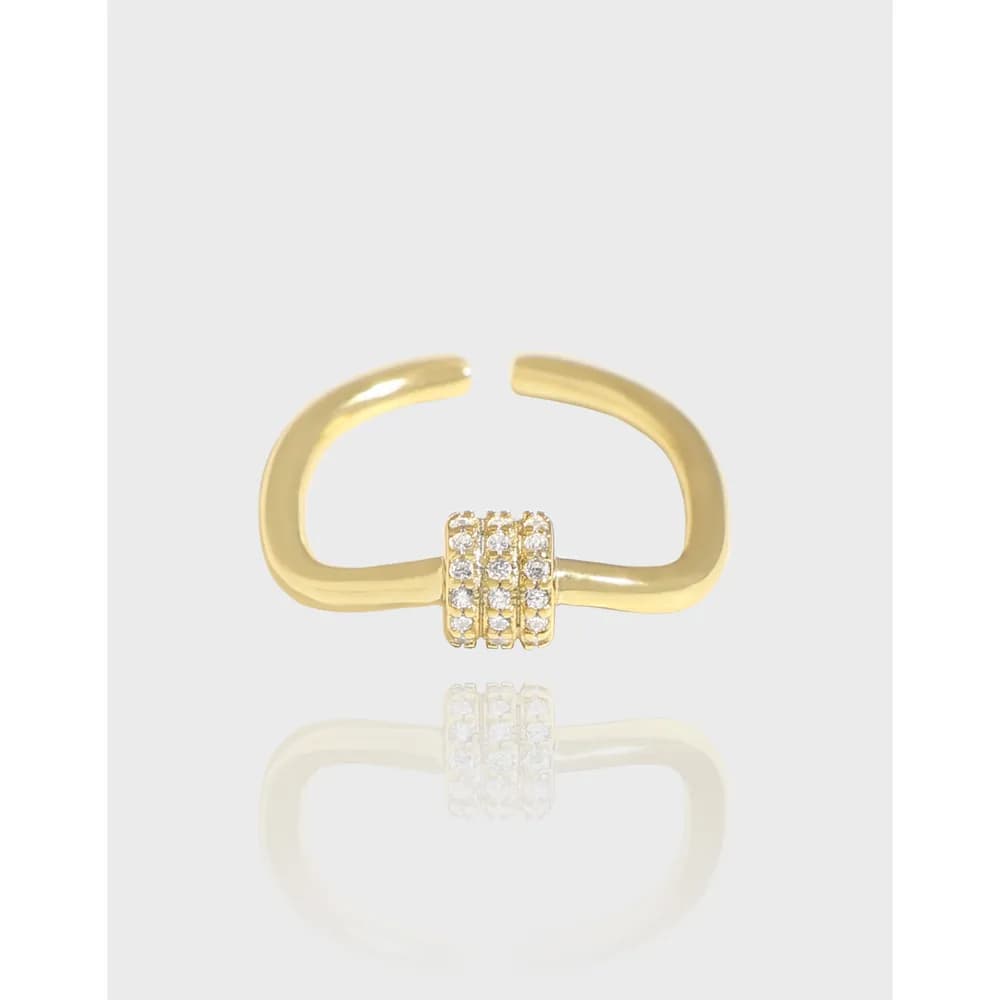 Open curved sterling silver ring with a three-row pavé central bar.