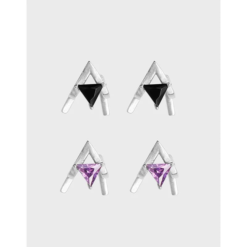 Pair of triangle prism stud earrings in polished sterling silver with black and purple gemstones.