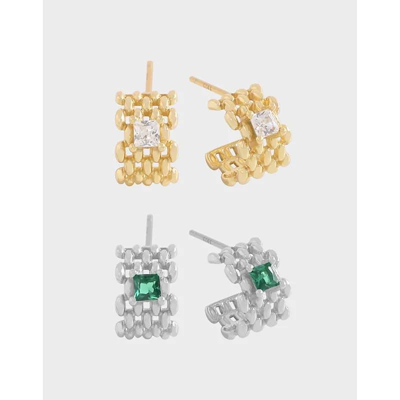 Gold-tone and silver-tone grid cluster stud earrings with a central square gemstone