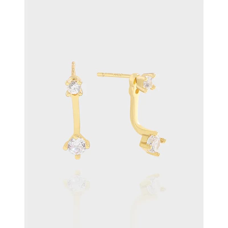 Polished sterling silver curved drop earrings with two clear stones on a slender bar.