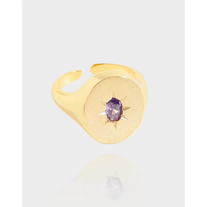 Polished sterling silver ring with a brushed circular face and purple gemstone centerpiece
