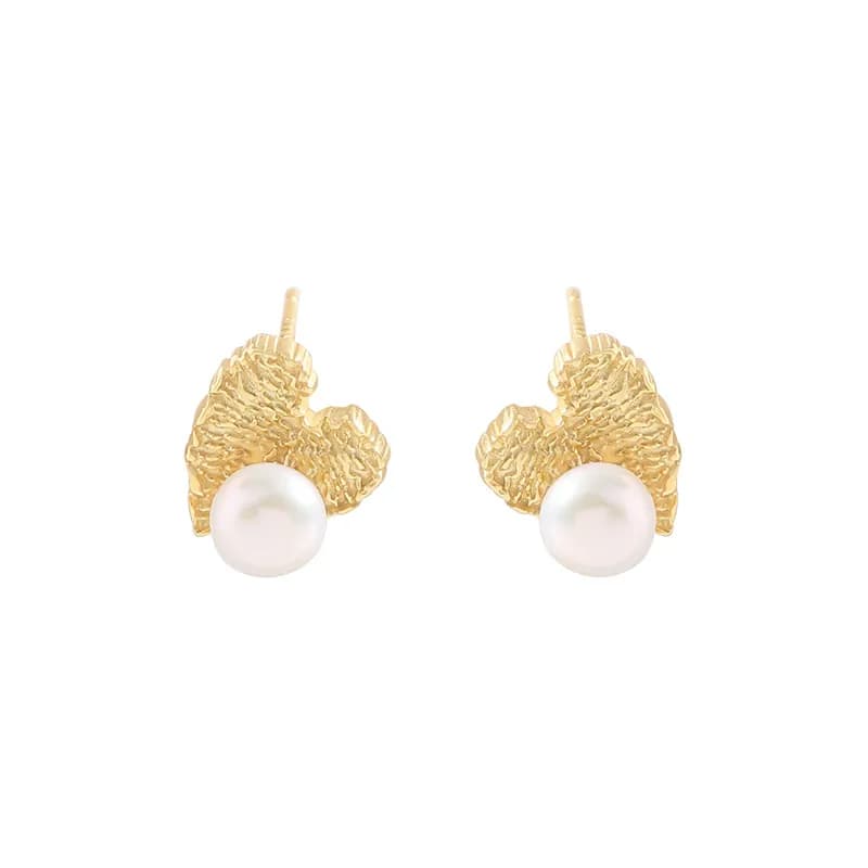 Leaf Motif Pearl Earrings in Gold — Sterling silver
