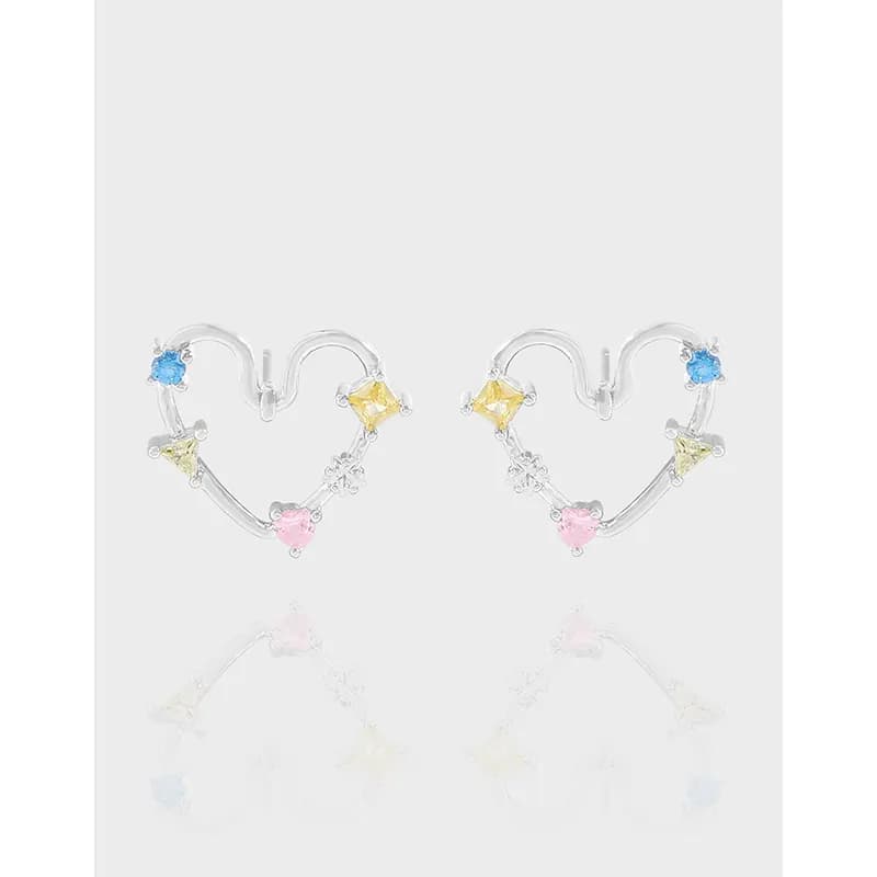 Polished sterling silver heart-arc earrings with colorful stones along the arc