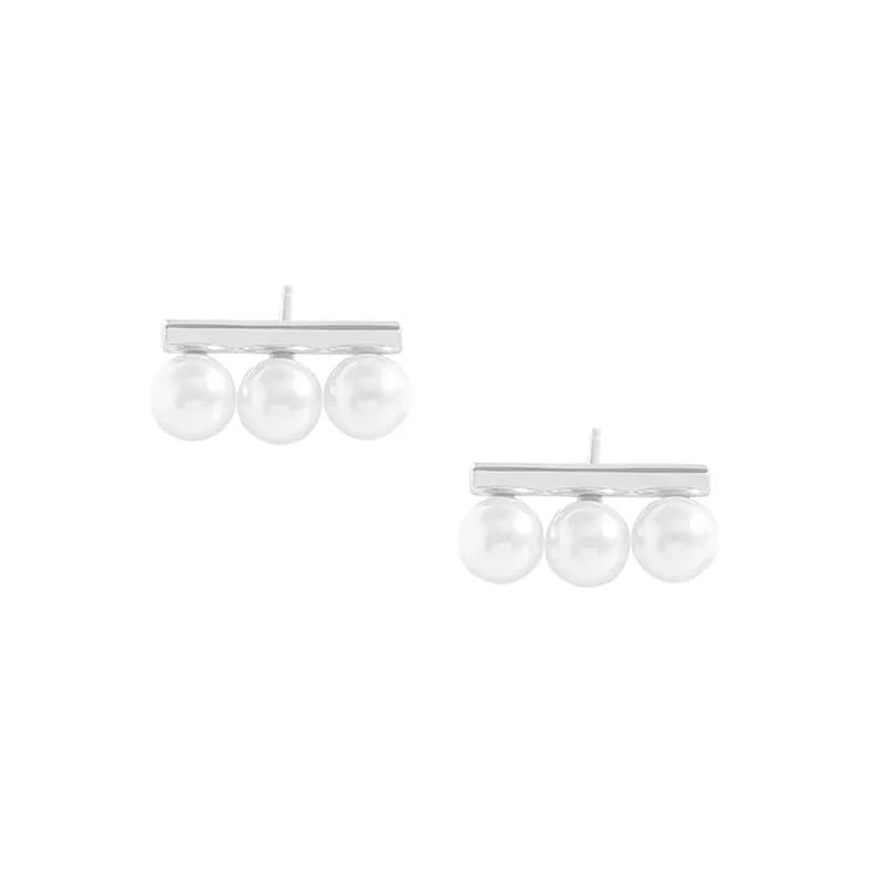 Triple Pearl Bar Earrings in Platinum — Sterling silver
