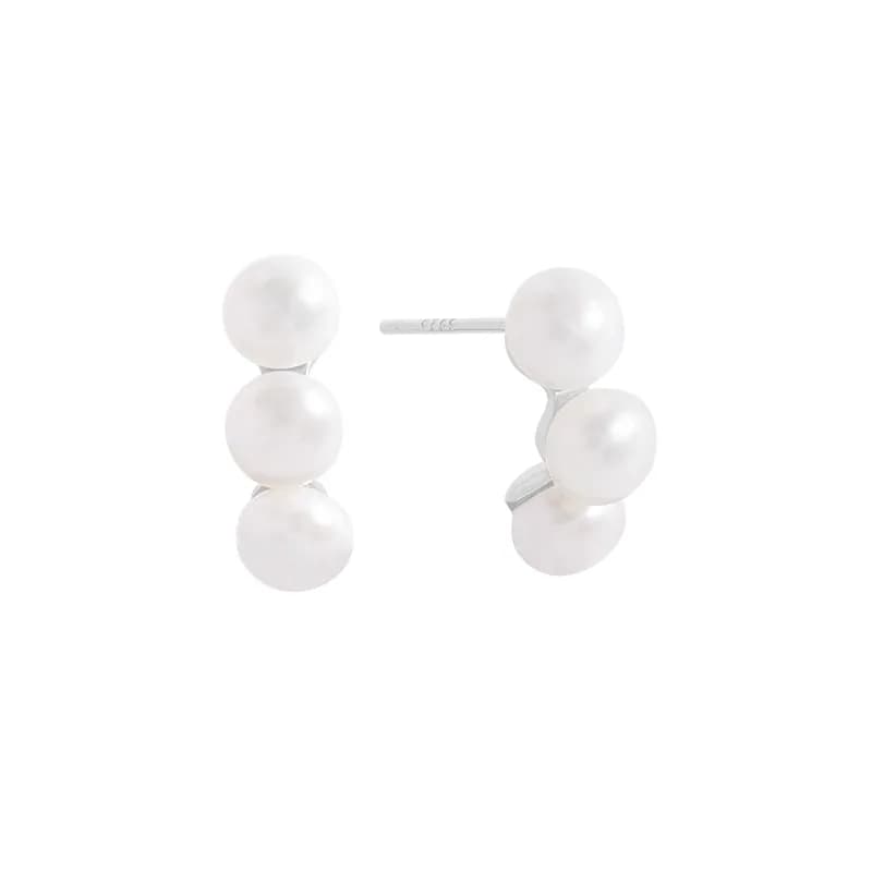 Triple Pearl Hoop Earrings in Platinum — Sterling silver