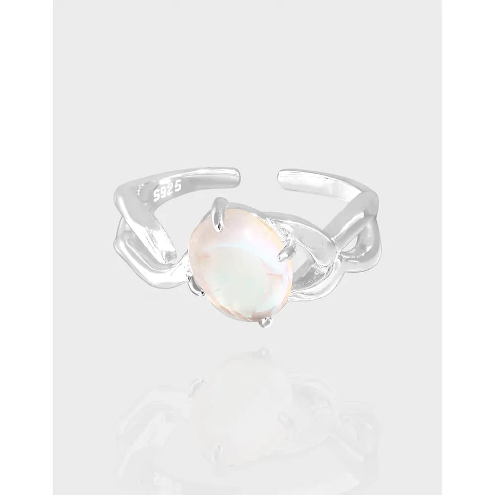 Polished sterling silver Moonstone Knot Ring with an iridescent oval moonstone centerpiece