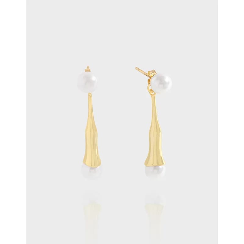 Polished sterling silver Pearl Drop Earrings with a slender curved drop and a pearl at the top.