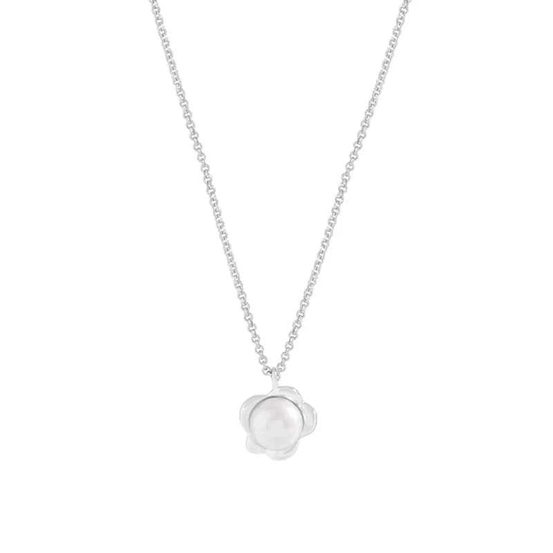 Pearl Flower Pendant Necklace in Platinum — Sterling silver